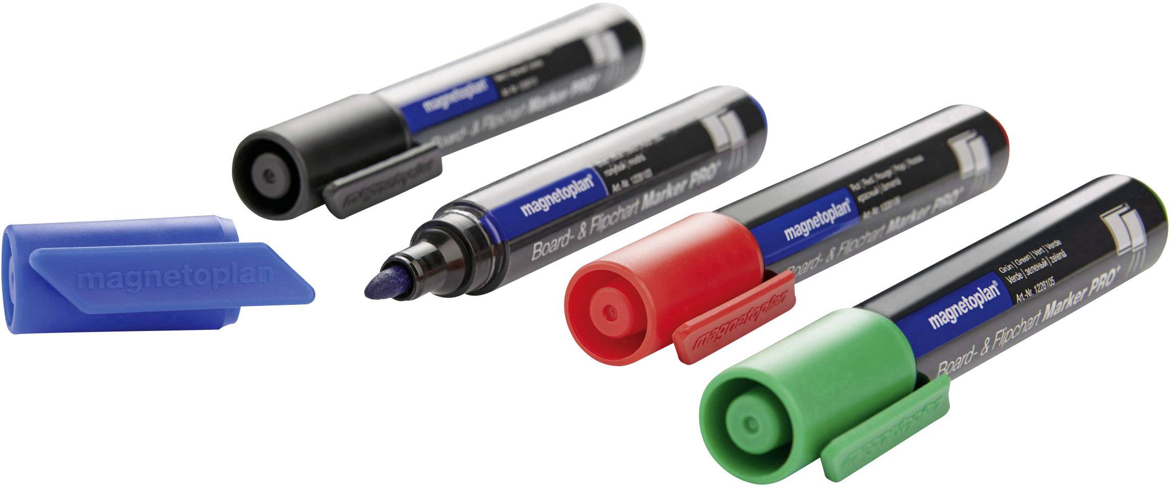Vier Magnetplan-Whiteboard-Marker in Schwarz, Rot und Grün mit abnehmbaren Kappen. Der blaue Marker hat seine Kappe daneben.