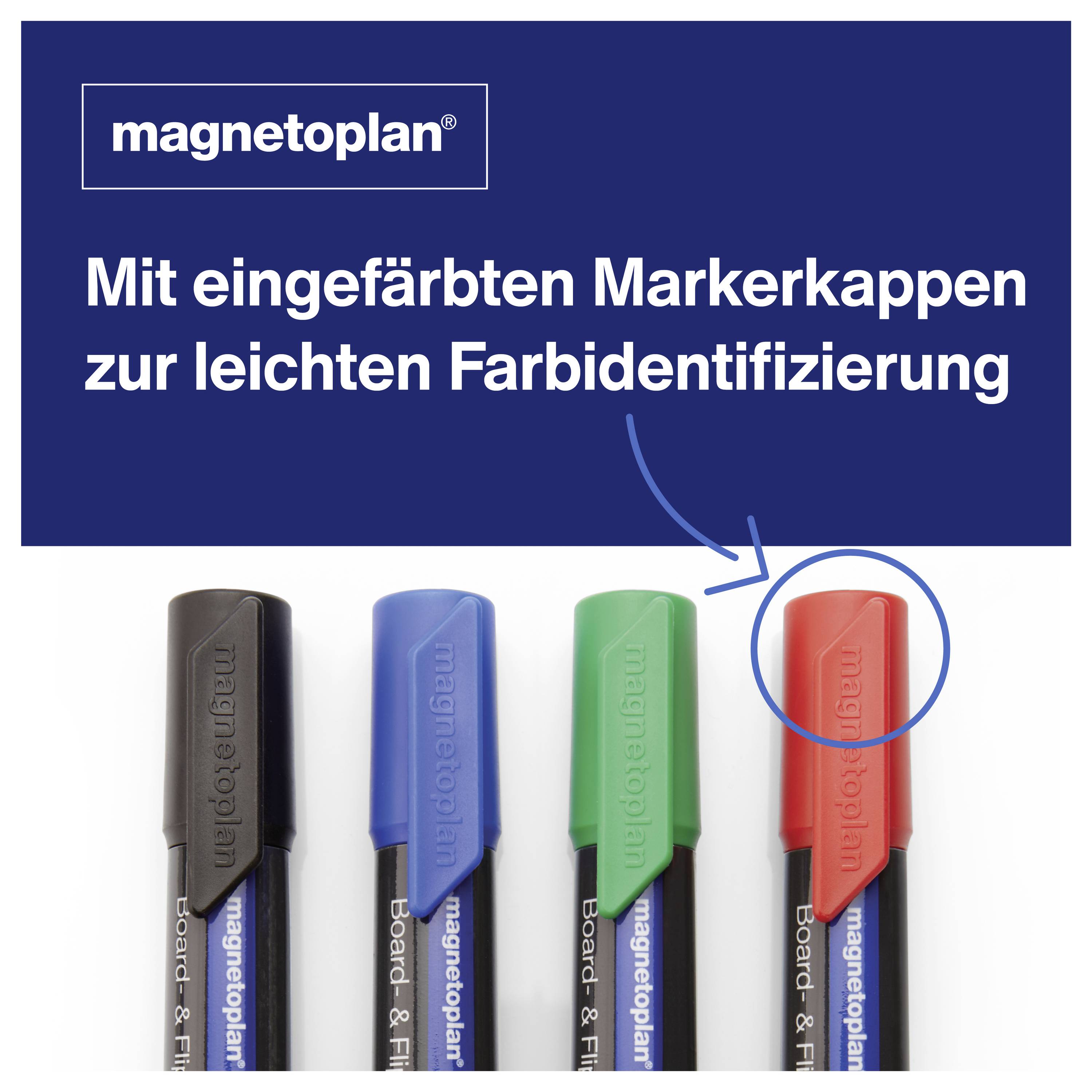 Vier schwarze Marker mit unterschiedlich gefärbten Kappen (Rot, Blau, Grün, Schwarz) von 'magnetoplan' zur Farbidentifizierung.