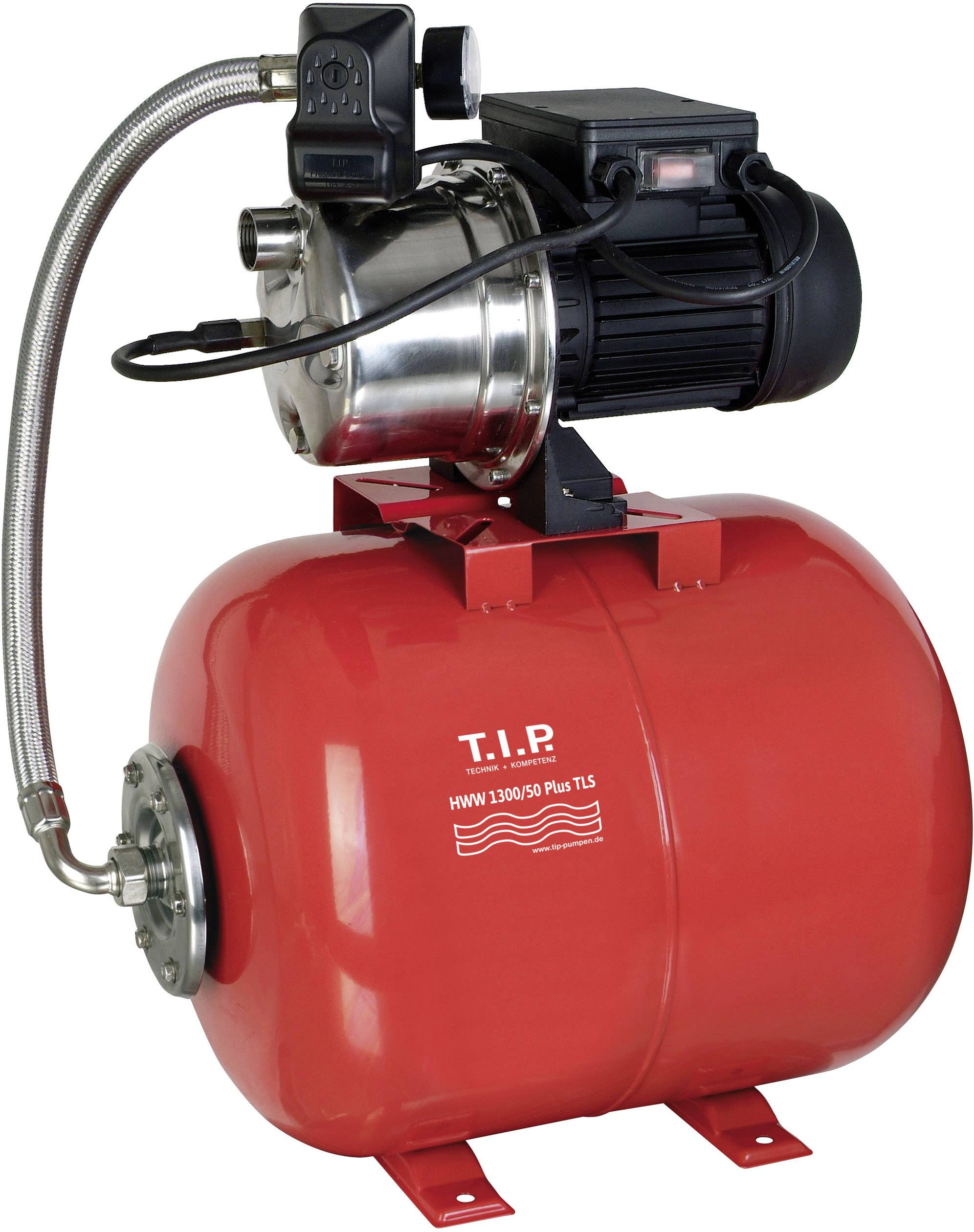 Rote Wasserpumpe mit schwarzem Motor, montiert auf rotem Tank. Aufschrift: T.I.P HWW 1300/50 Plus TLS.