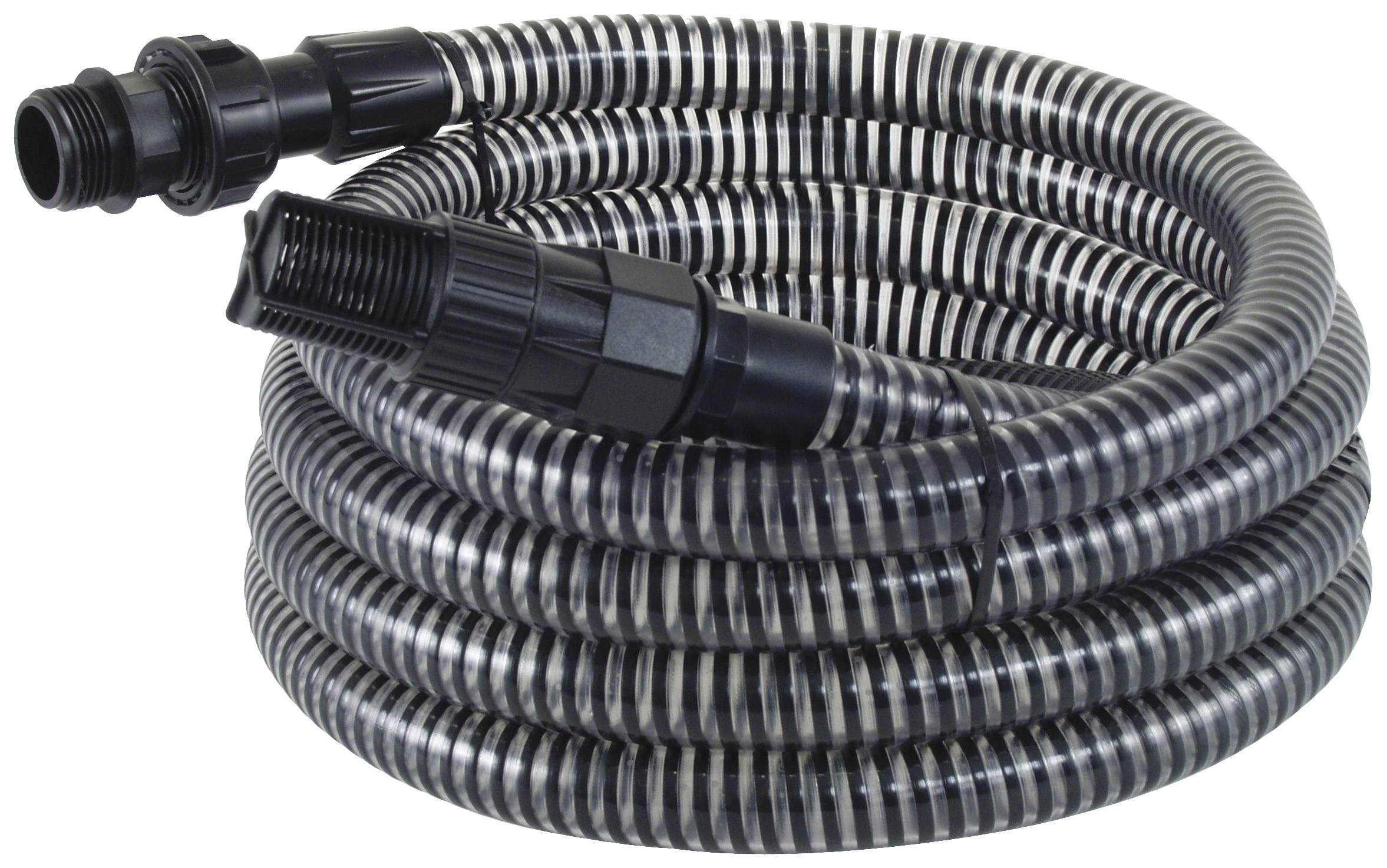 Schwarzer Spiralschlauch mit transparenten Streifen, aufgewickelt, mit schwarzen Anschlussstücken an beiden Enden.