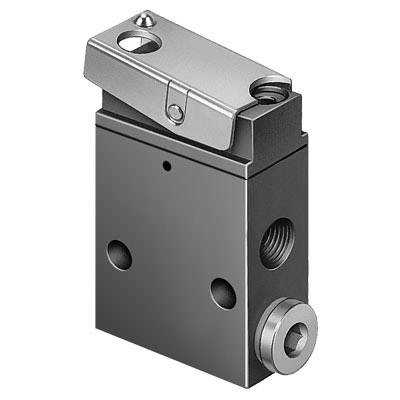 Ein pneumatischer Endschalter aus Metall mit mehreren Schraubanschlüssen und beweglichem Hebel oben. Verwendet zum Schalten und Steuern.