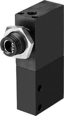Ein schwarzes, rechteckiges mechanisches Bauteil mit einer zylindrischen Metallverbindung auf einer Seite, vermutlich ein Ventil.