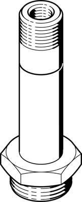 Darstellung einer Gewindeschraube mit Scheibe und Mutter. Schraube mit erhöhtem Gewindebereich an einem Ende und flacher Scheibe.