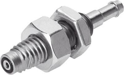 Metallstück mit sechskantiger Mutter und zylindrischem Gewinde. Möglicherweise ein Teil eines technischen Geräts oder einer Maschine.