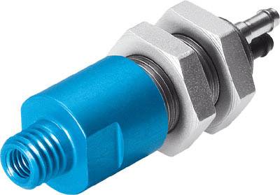 Ein blauer Drucksensor mit Metallgewinde und Dichtungen, verwendet zur Messung des Drucks in technischen Systemen.