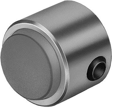 Zylindrischer Metallknopf, mattgrau, mit kreisförmigem Griff und seitlicher Schraubbefestigung.