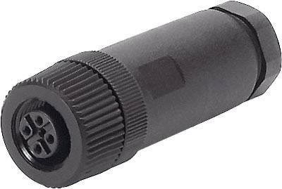 Ein schwarzer, zylindrischer Stecker mit einem geriffelten Rand und vier Löchern an einem Ende.