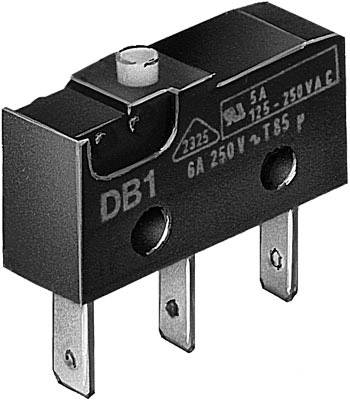 Ein schwarzer Mikroschalter mit der Aufschrift 'DB1'. Beschriftet mit elektrischen Spezifikationen: 6A, 250V, 5A, 125-250VAC, T85.
