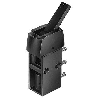 Ein schwarzer, rechteckiger Schalter mit einem Hebel oben und drei Anschlüssen an der Seite.