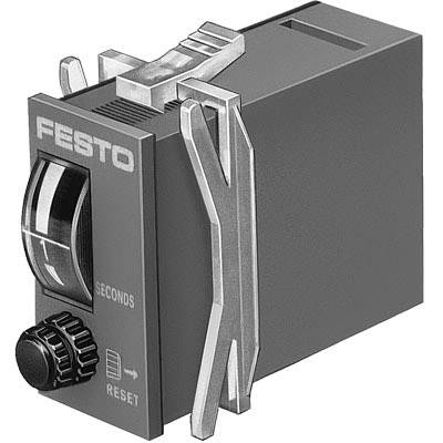 Ein Zeitrelais von Festo mit einem schwarzen Drehregler zur Einstellung der Zeit und einem grauen Gehäuse.
