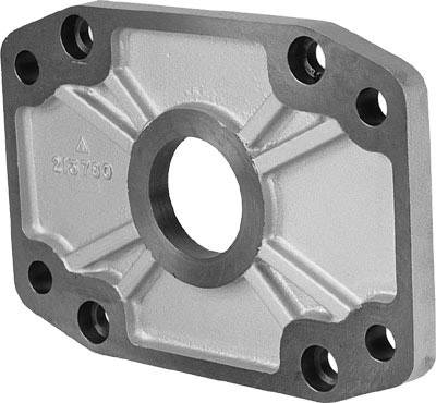 Metallplatte mit sechs Befestigungslöchern und zentraler Öffnung. Oberflächenstruktur und Form deuten auf technische Anwendung hin.