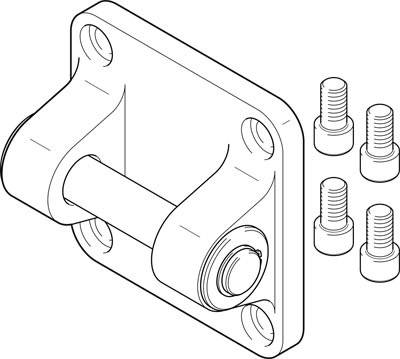 Technische Zeichnung eines Scharnierblocks mit vier separaten Schrauben. Geeignet für mechanische Verbindungen.