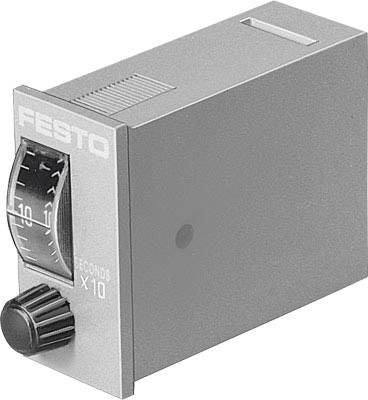 Ein graues elektrisches Gerät mit dem Markennamen 'Festo' und einer einstellbaren Zeitskala 'Seconds x 10', mit einem großen Drehknopf.