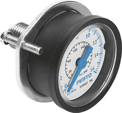Manometer mit Anzeige in bar und psi, zeigt Druck von etwa 6 bar. Markierung 'Festo' auf dem Zifferblatt.