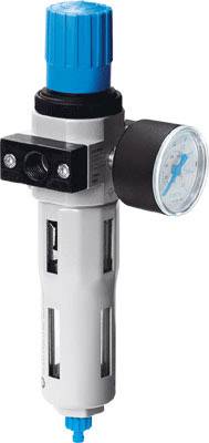 Druckregler mit Manometer und blauer Kappe zur Druckanzeige. Verwendet in pneumatischen Systemen zur Regulierung des Luftdrucks.