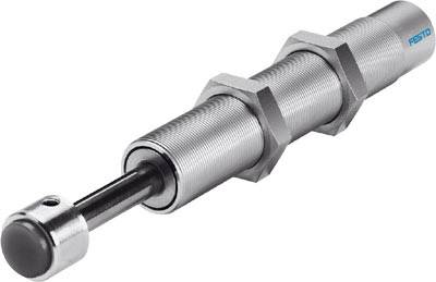 Ein silberfarbener, zylindrischer Stoßdämpfer von Festo mit zwei Sechskantmuttern an einem Ende, die zur Stabilisierung dienen.