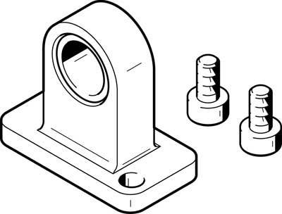 Technische Zeichnung einer Rohrhalterung mit zwei dazugehörigen Schrauben; zeigt Details der Struktur und Montagekomponenten.