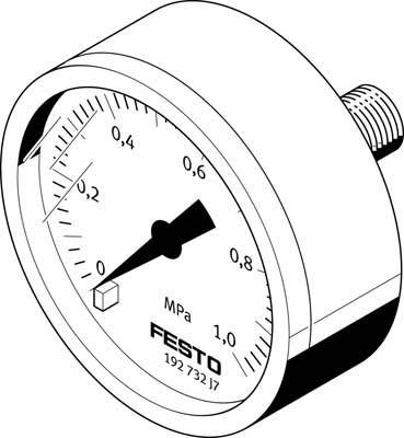 Analoges Manometer von 'Festo' zeigt Druck in MPa von 0 bis 1,0. Zeiger steht auf 0,2 MPa.