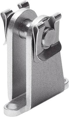 Ein Metallgelenk mit zwei beweglichen Clips und einem zentralen Bolzen. Geeignet für mechanische Verbindungen oder Befestigungen.