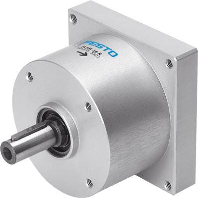 Zylinderförmiger Servomotor in Metall, markiert mit 'Festo' und Pfeil zur Drehrichtung. Befestigungslöcher an der quadratischen Basis.