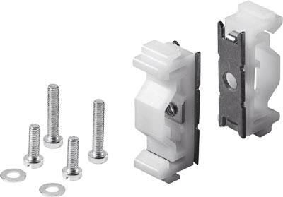 Montageset mit zwei Kunststoffhalterungen, vier Schrauben und Unterlegscheiben, geeignet zur Befestigung von Gegenständen an einer Oberfläche.