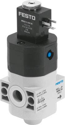 Ventil von FESTO mit schwarzen Oberteil und grauen Unterteil, zeigt elektrische Anschlüsse oben, verwendet zur Steuerung von Luftströmen.