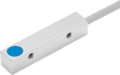 Ein rechteckiger Magnetsensor mit einem blauen Punkt und zwei Schraubbefestigungen, verbunden mit einem grauen Kabel.