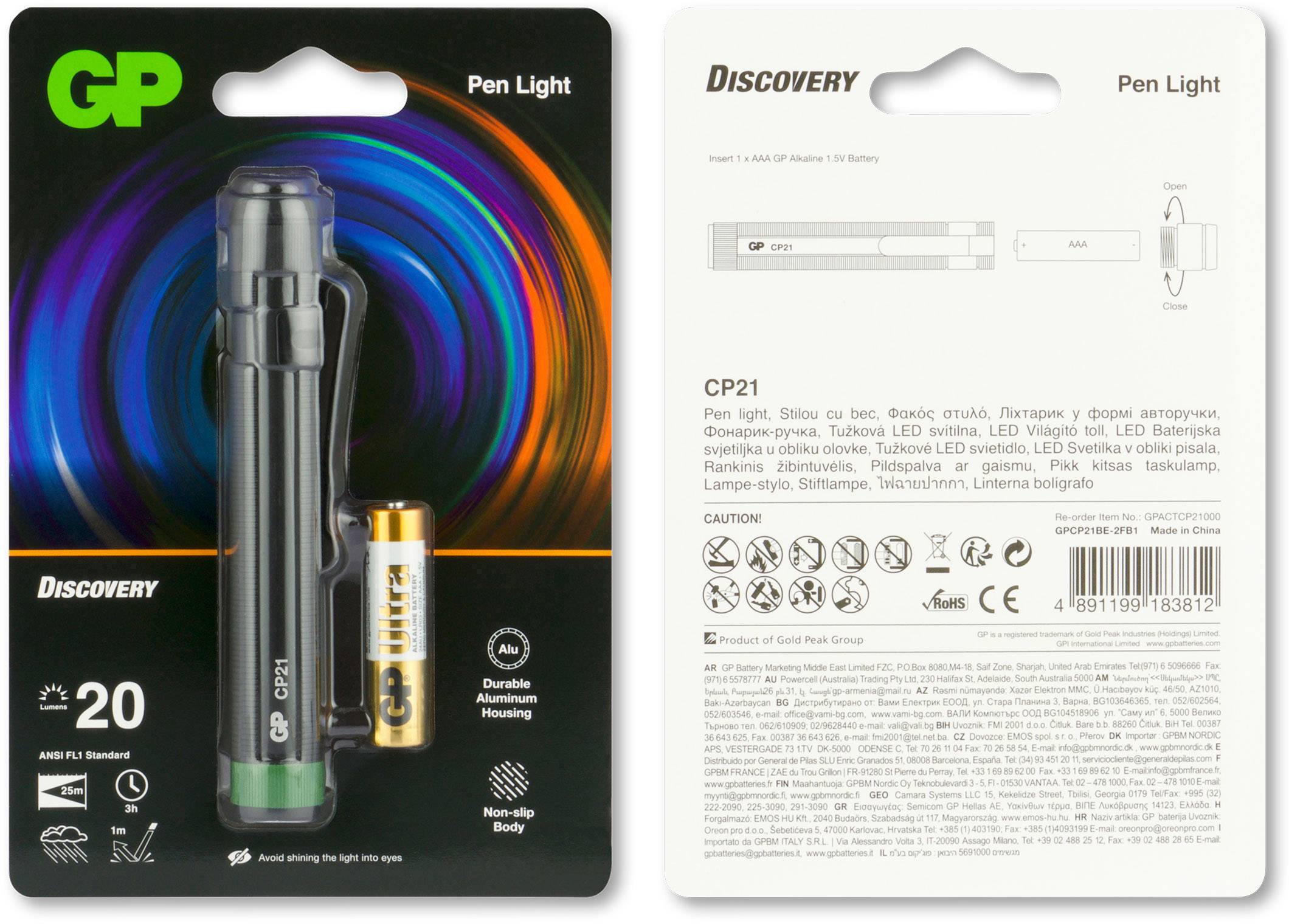 'GP Discovery Pen Light CP21' Packung mit Taschenlampe und Batterie, auf der Verpackung sind Details zu Materialien und Leistungsdaten.