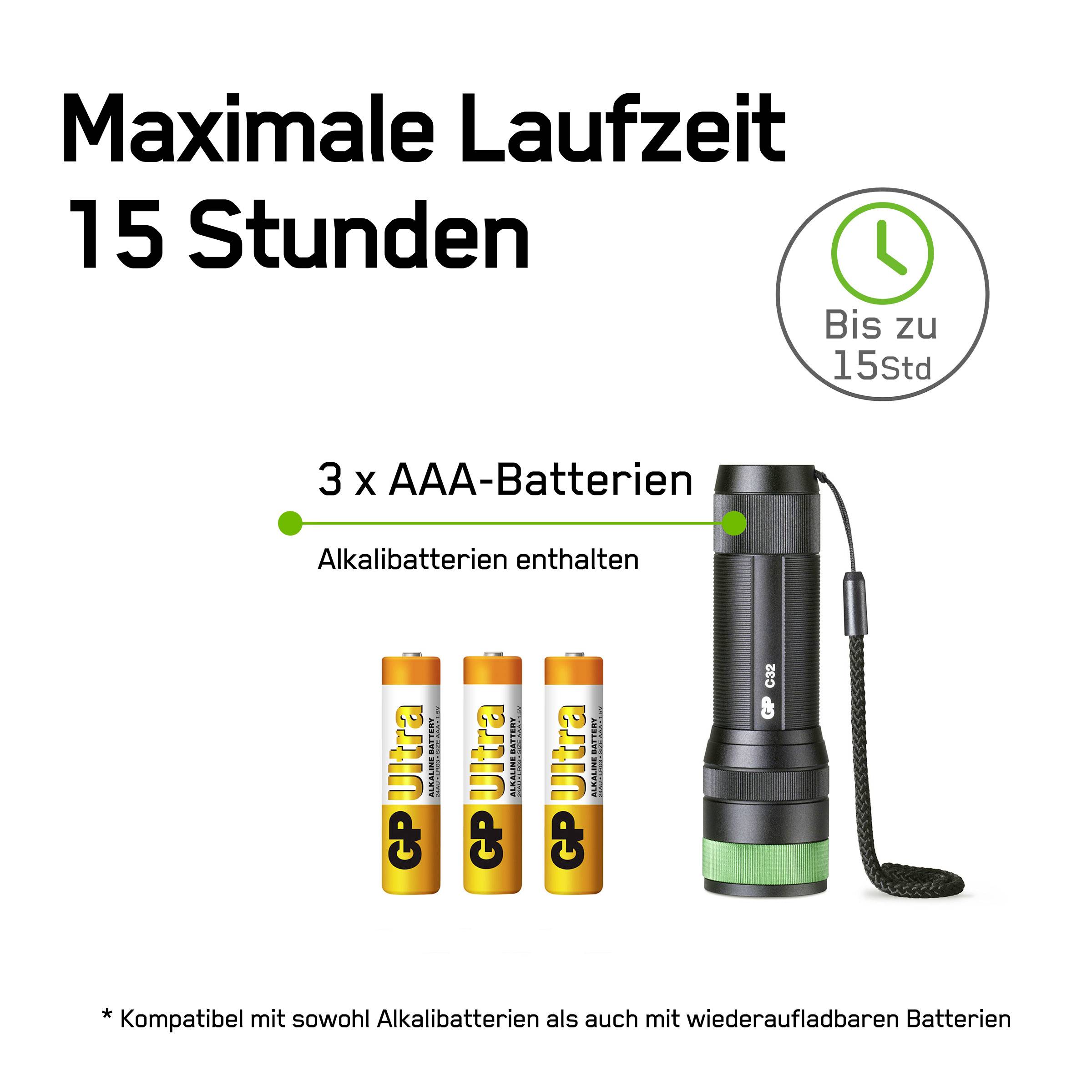 'Taschenlampe mit drei AAA-Alkalibatterien. Maximale Laufzeit: 15 Stunden. Symbol zeigt Uhr mit "Bis zu 15 Std" Text.'
