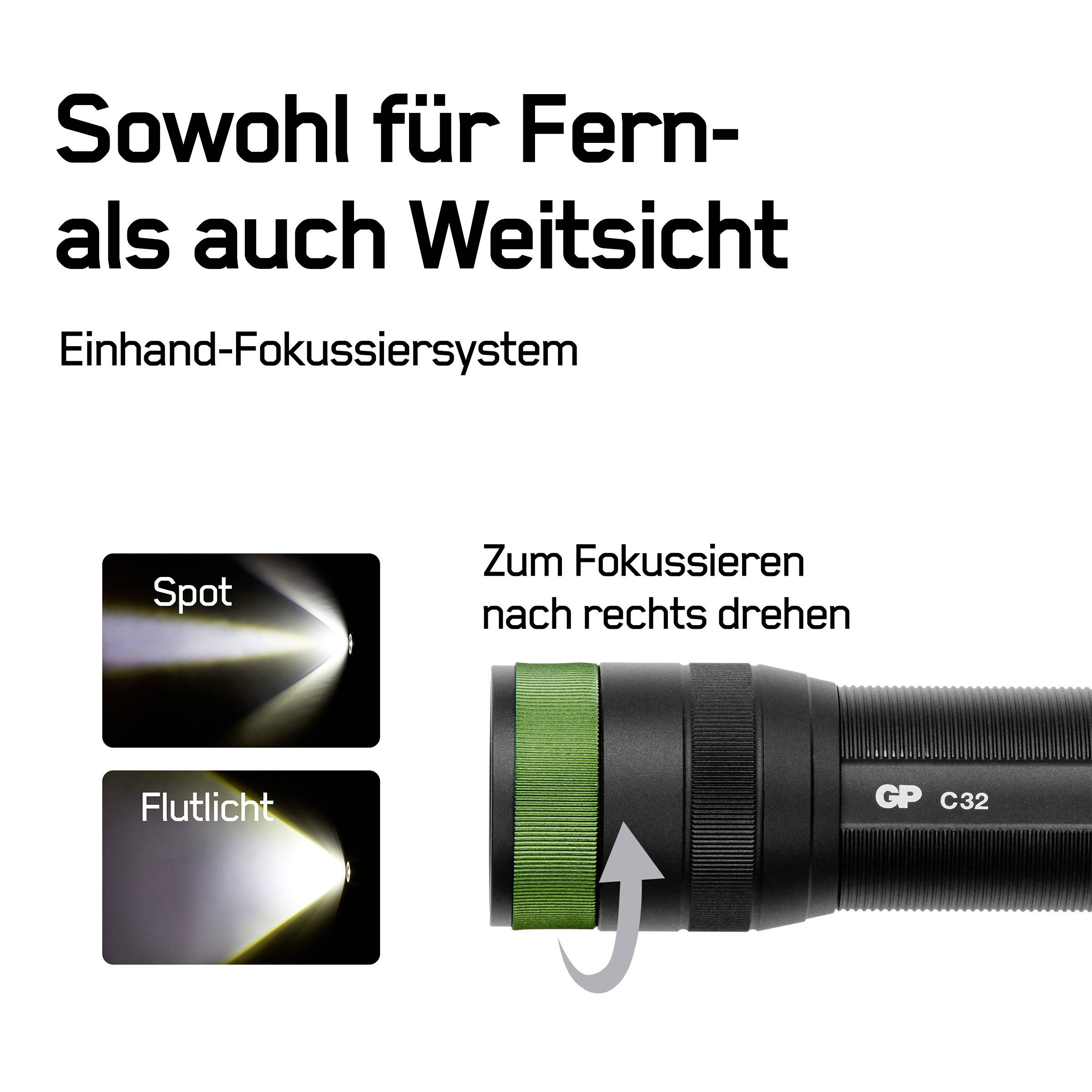 Taschenlampe GP C32 mit Ein-Hand-Fokussiersystem. Drehbare Fokussierung rechts. Zeigt Spot- und Flutlichtoptionen.
