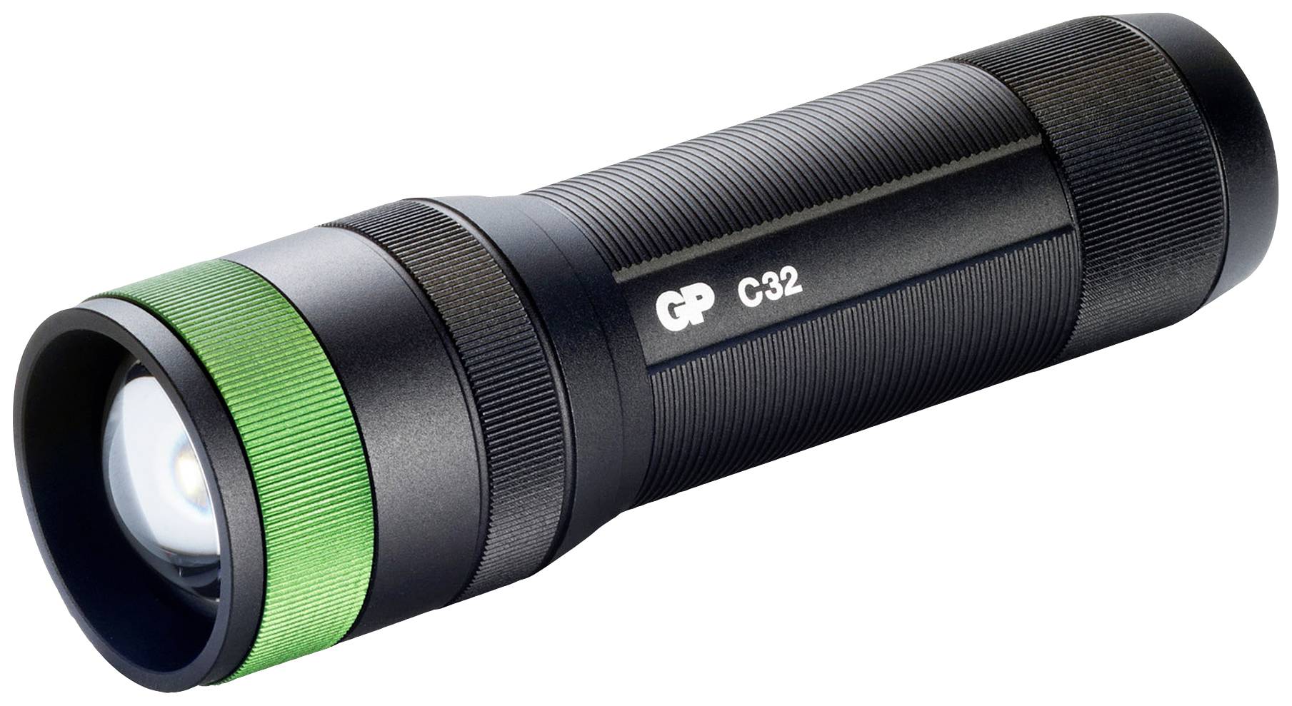 Schwarze Taschenlampe mit grünem Ring und Aufschrift 'GP C32' auf der Seite, zeigt modernes und kompaktes Design.