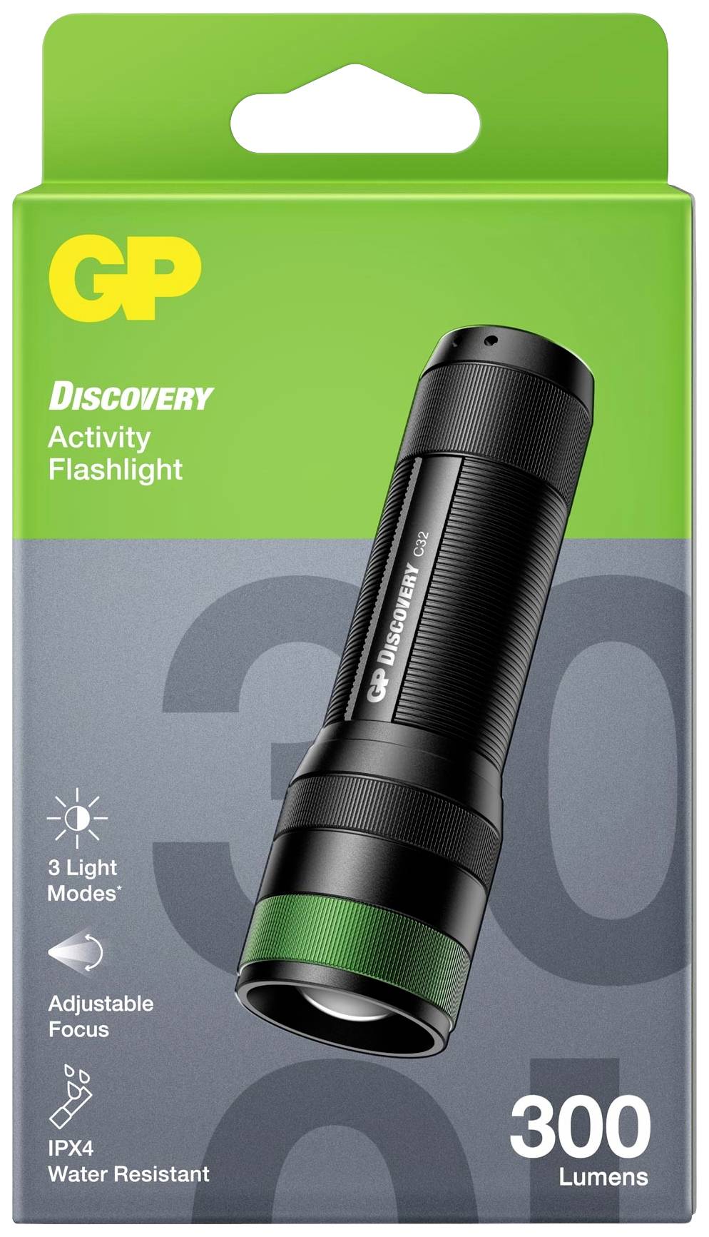 Taschenlampe in Verpackung, 300 Lumen, drei Lichtmodi, einstellbarer Fokus, IPX4 wasserdicht, geeignet für Outdoor-Aktivitäten.