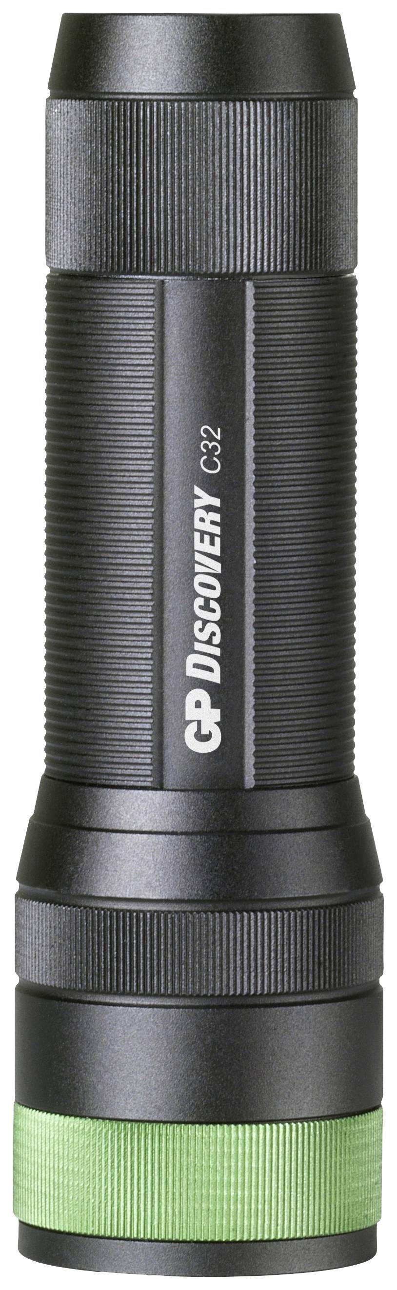 Schwarze Taschenlampe mit grünem Band am Griff und der Aufschrift 'GP Discovery C32'.