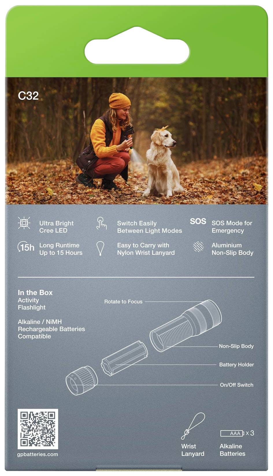 Verpackung einer Taschenlampe. Oben Bild einer Frau mit Hund im Wald. Unten Produktinfos: CREE LED, SOS-Modus, 15h Laufzeit, Aluminiumgehäuse.