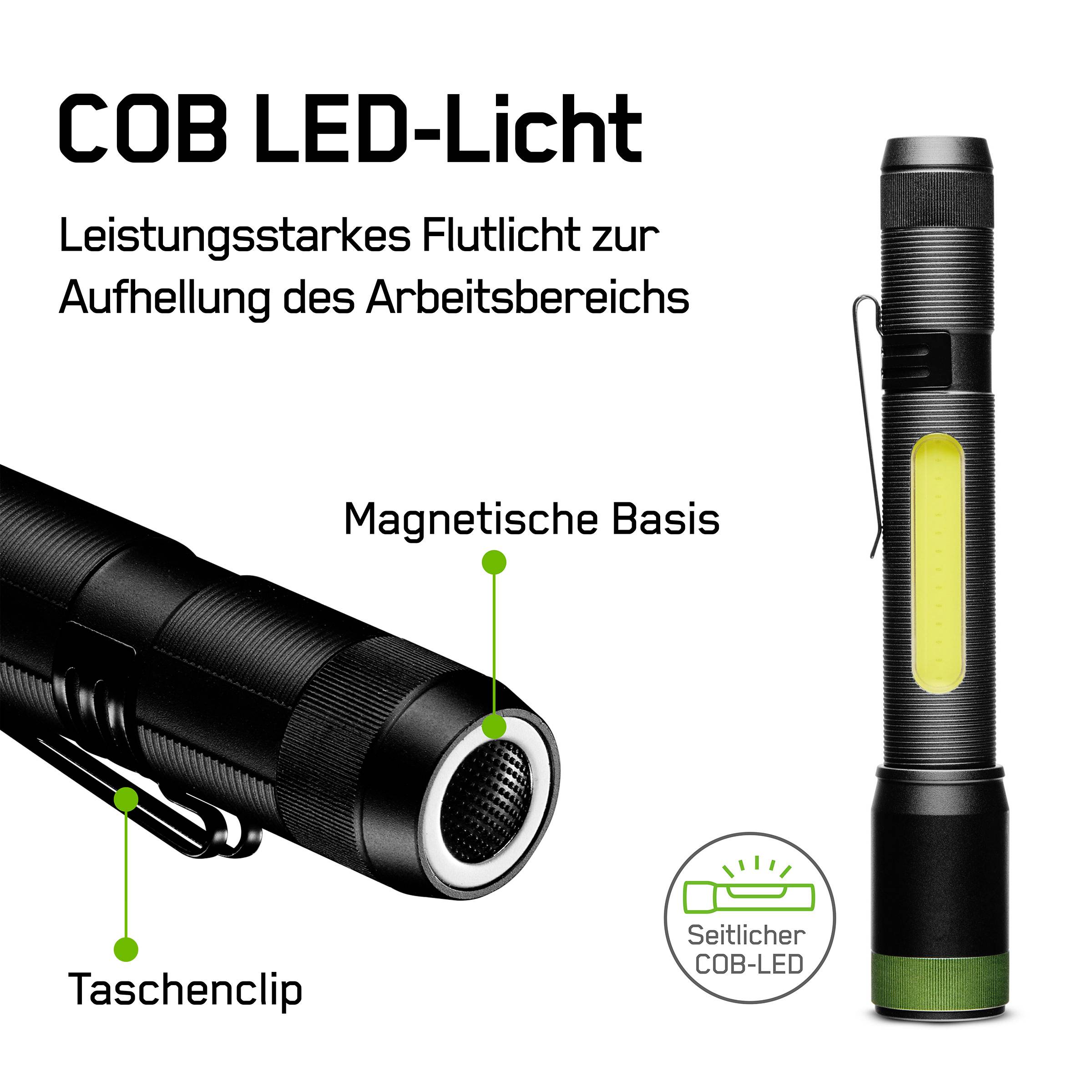 Das Bild zeigt eine COB LED-Taschenlampe mit magnetischer Basis und einem Taschenclip, geeignet zur Aufhellung des Arbeitsbereichs.