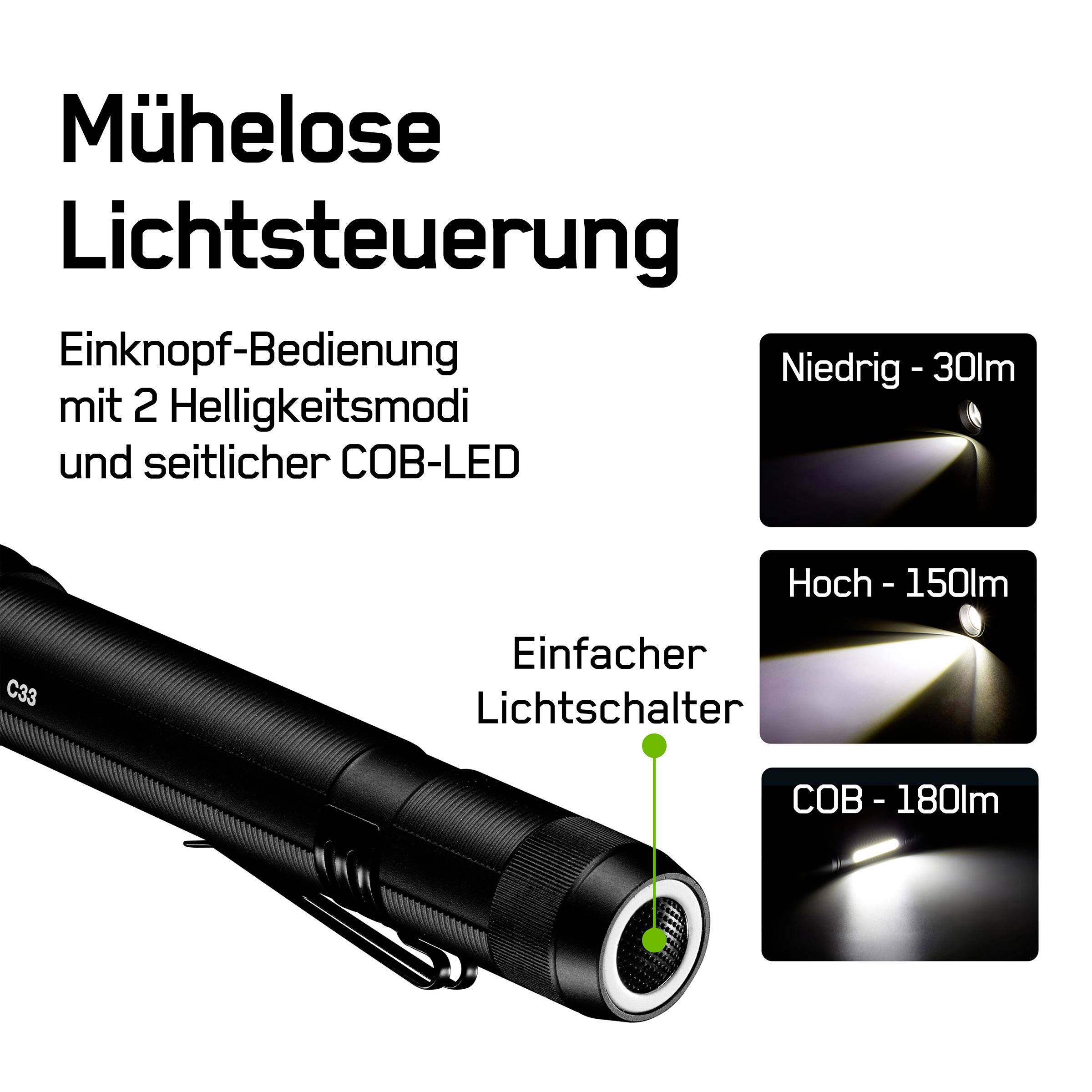 Taschenlampe mit seitlicher COB-LED. Drei Modi: Niedrig (30lm), Hoch (150lm), COB (180lm). Einfache Bedienung mit Lichtschalter.