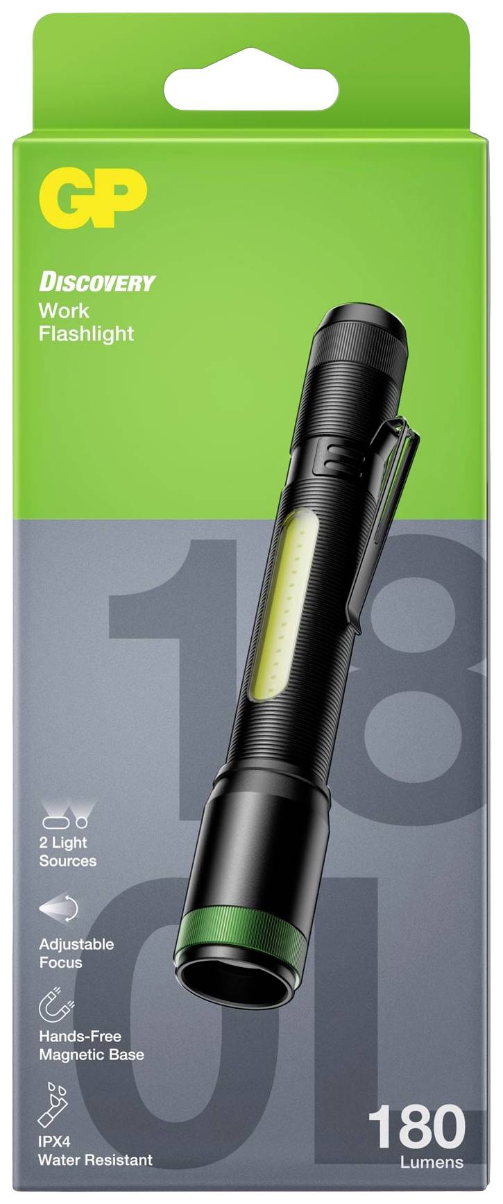 Taschenlampe 'GP Discovery Work Flashlight' mit 180 Lumen, magnetischer Basis, zwei Lichtquellen und wasserfestem IPX4-Gehäuse.