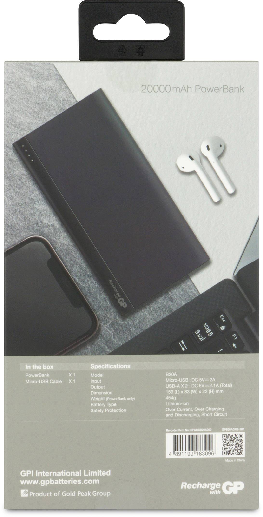 GP Batteries B20A Powerbank 20000 mAh  Li-Ion  Schwarz Statusanzeige