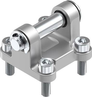 Eine silberne Maschinenkomponente mit zylindrischem Stift, montiert auf einer rechteckigen Basis, befestigt durch vier Schrauben.