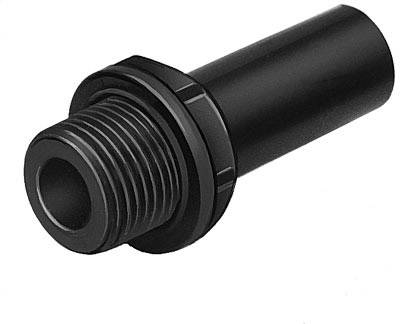 Ein schwarzes, zylindrisches Metallrohr mit Gewinde auf einer Seite, vermutlich ein Adapter oder Teil eines größeren mechanischen Systems.
