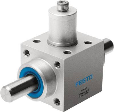 Ein quadratischer pneumatischer Zylinder mit mehreren Anschlussmöglichkeiten und dem Logo 'Festo'.