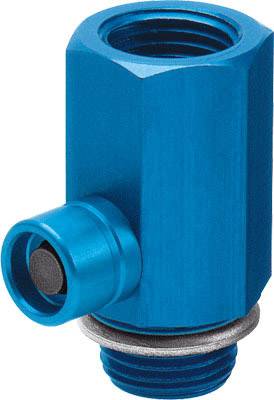 Ein blauer Aluminium-Winkeladapter mit Gewinde und Flansch, aufrecht montiert, häufig in pneumatischen Systemen verwendet.