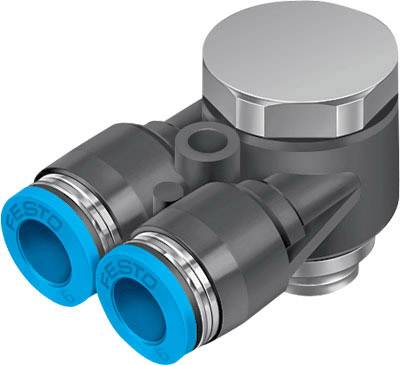 Anschlussstück aus Metall und Kunststoff mit zwei blauen Ringen, verwendet in industriellen Anwendungen für Pneumatiksysteme.