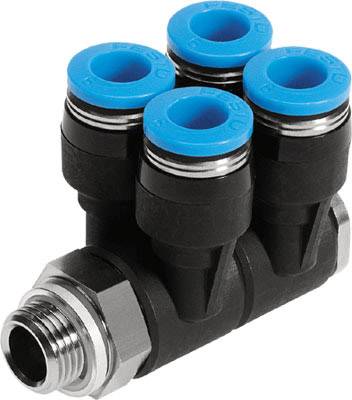 Vierfach-Schlauchanschluss in schwarz mit blauen Dichtungen, geeignet zur Verbindung von Luftschläuchen in pneumatischen Systemen.