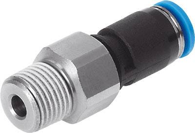 Metallischer Pneumatikanschluss mit Gewinde und blauem Ring, geeignet für Druckluftsysteme.