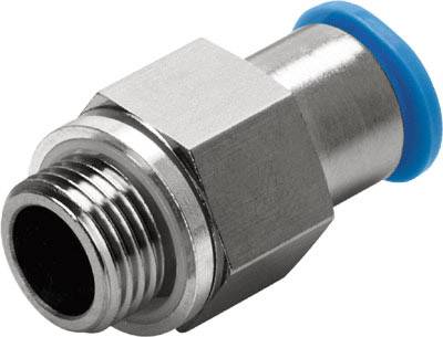 Metallene pneumatische Steckverbindung mit Schraubgewinde und blauem Kunststoffring, für Luftschlauchsysteme.