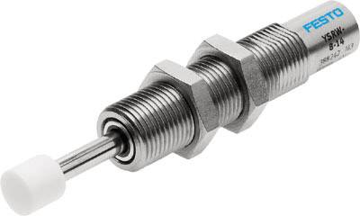 Ein hydraulischer Dämpfungszylinder mit zwei Sechskantmuttern und einem weißen Endstück. Markenname 'FESTO' oben rechts.
