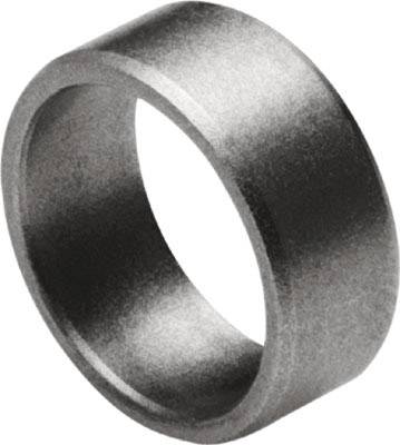 Ein grauer Metallring, schräg von der Seite betrachtet, vor einem weißen Hintergrund.