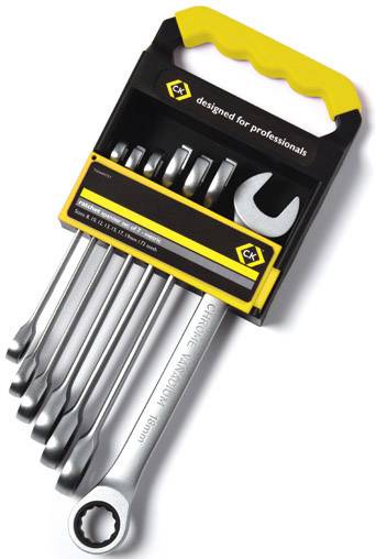 Satz Schraubenschlüssel in Halterung, gelber Griff. Größen aufgelistet auf der Verpackung. Für professionelle Anwender.