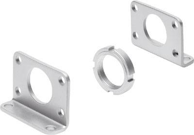 Metallhalterungen und Gewindering auf weißem Hintergrund.